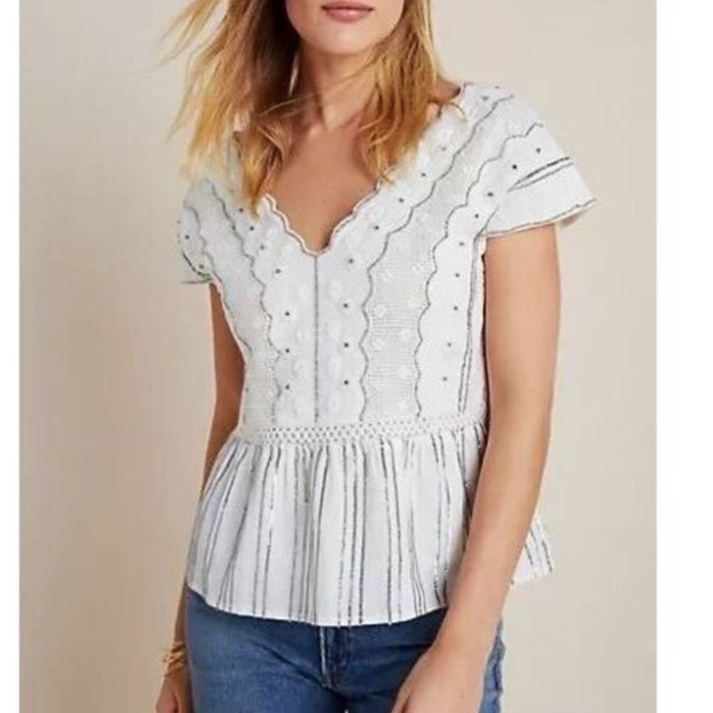 NWOT embroidered& embelished scalloped blouse anthro